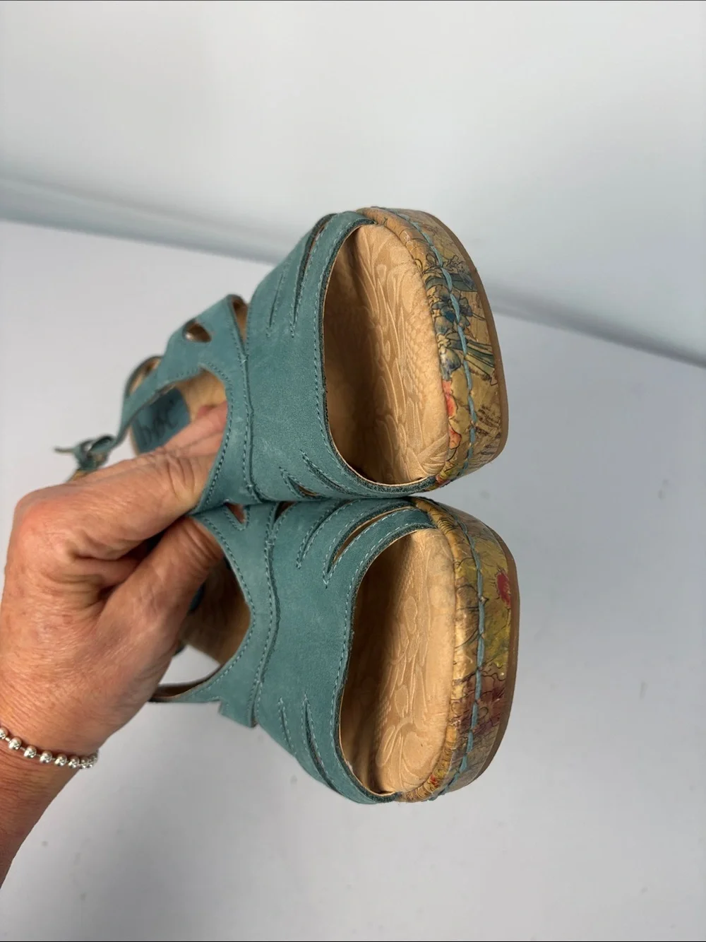 🫒 boc Teal Open-Toe Slingback Wedge Sandals with Floral Cork Heel